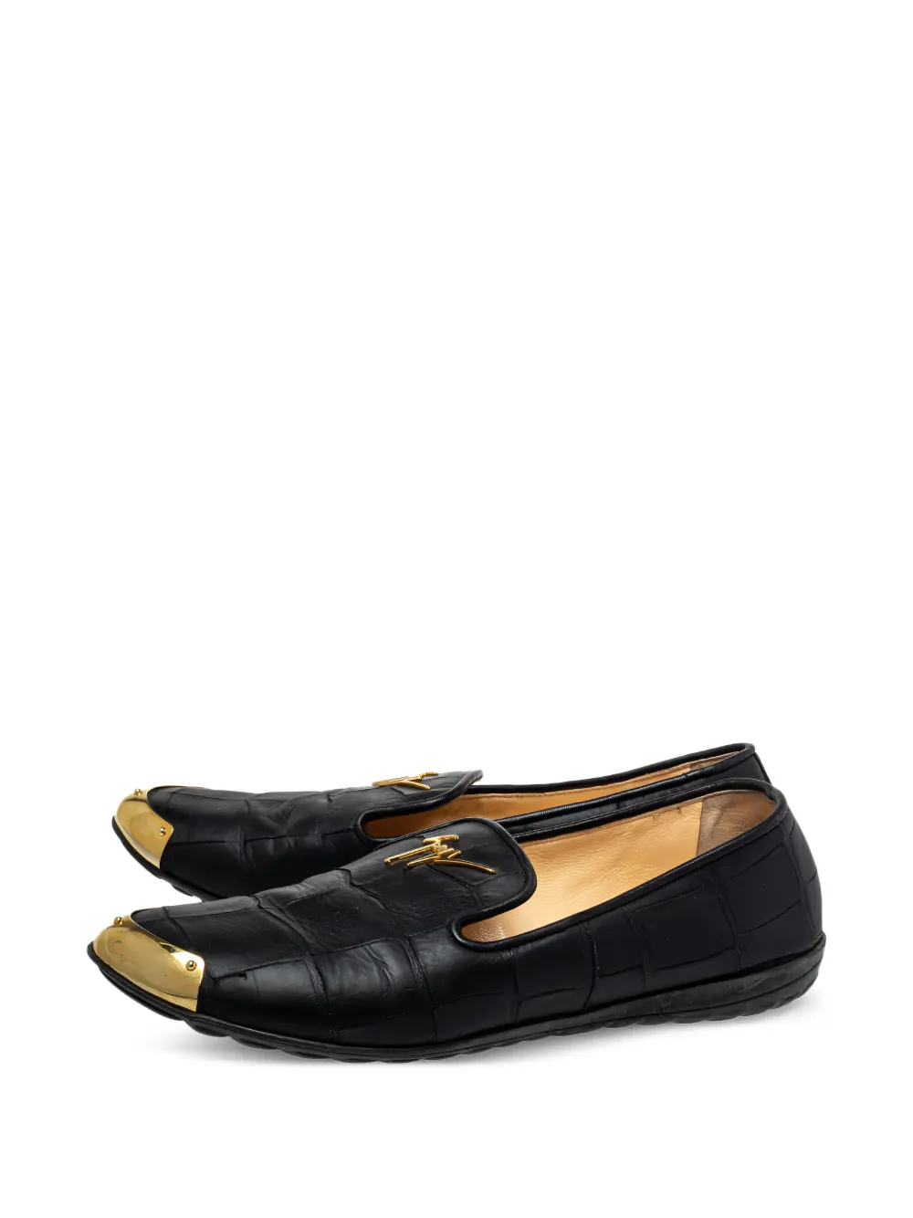 Pre-owned Giuseppe Zanotti Vintage Embossed-crocodile Gold-detail Loafers In Black