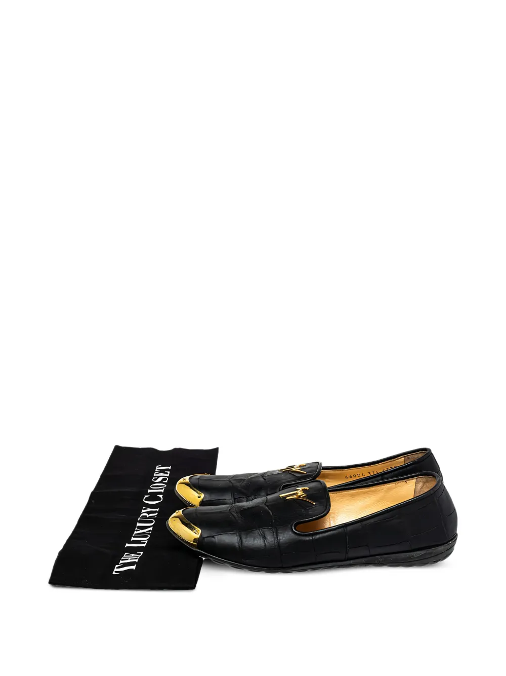 Pre-owned Giuseppe Zanotti Vintage Embossed-crocodile Gold-detail Loafers In Black
