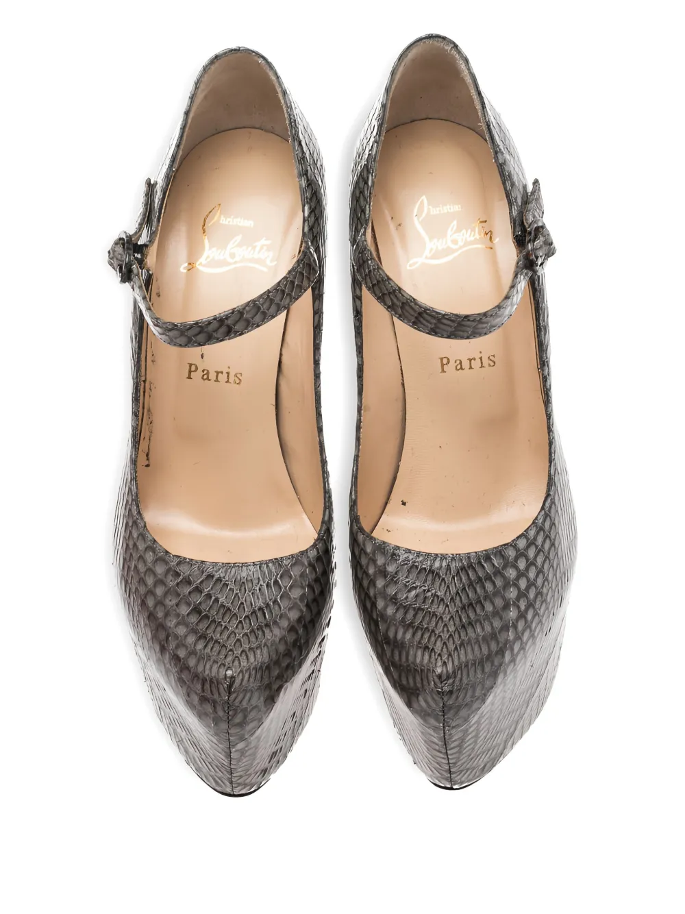 Pre-owned Christian Louboutin 130mm Lady Daf Snakeskin Platform Mary-jane Pumps In Gray