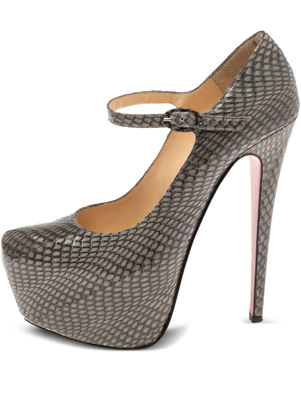 Pre-owned Christian Louboutin 130mm Lady Daf Snakeskin Platform Mary-jane Pumps In Gray