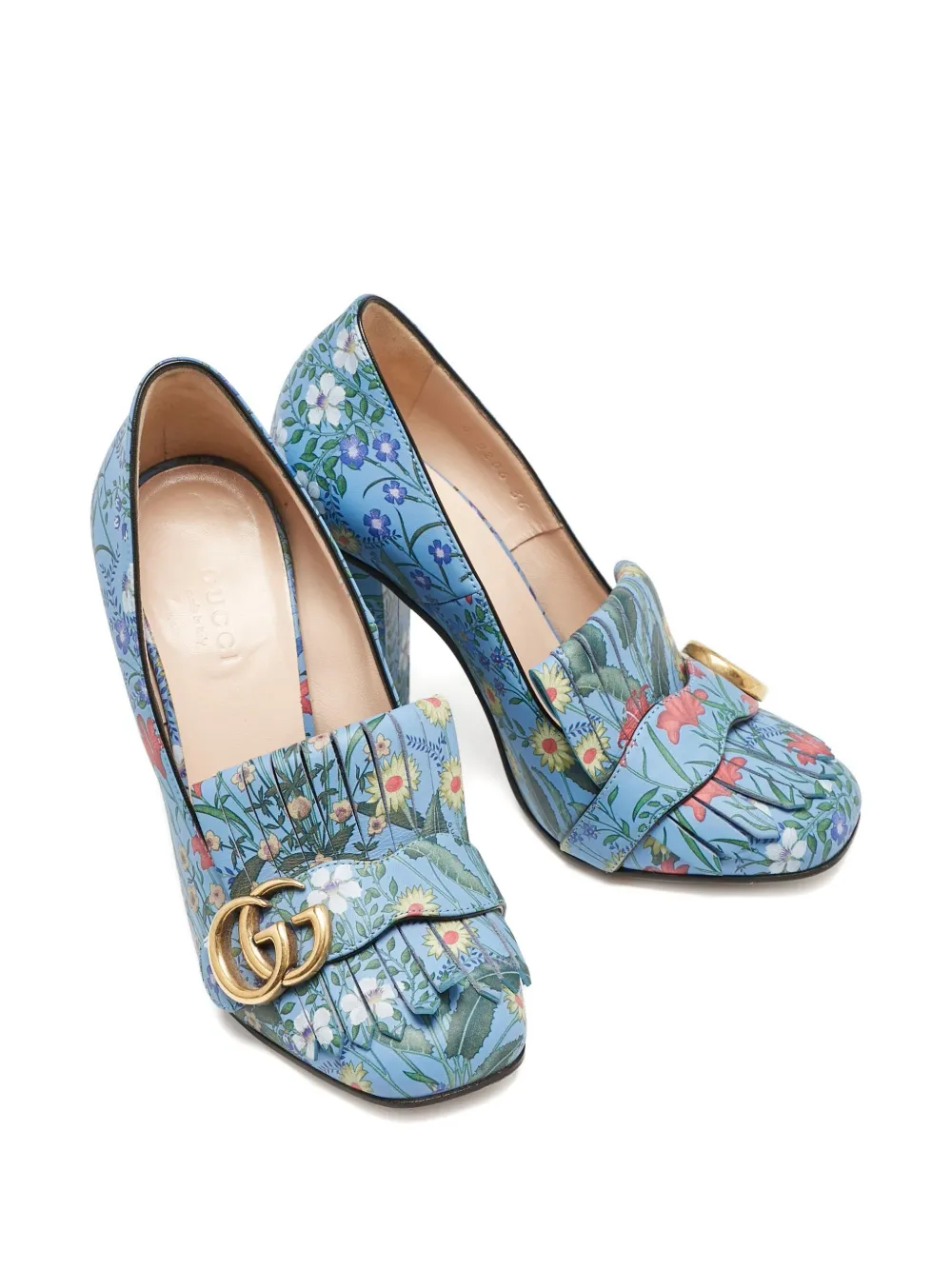 Gucci Pre-Owned 100 mm pumps met blokhak, bloemenprint en franje - Blauw