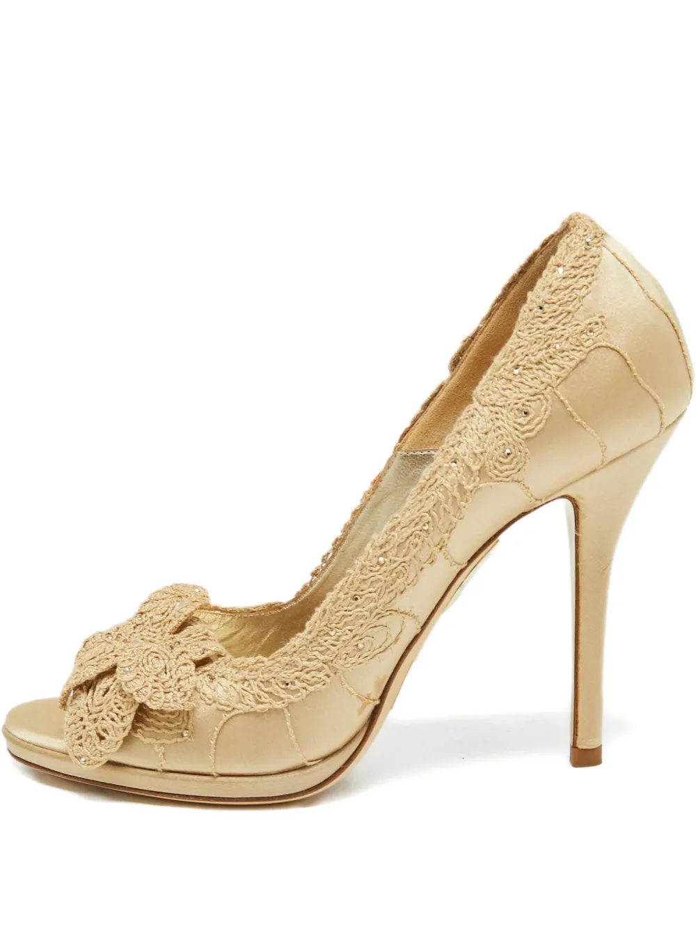 Pre-owned Loriblu 105mm Lace-detail Satin Pumps In Neutral