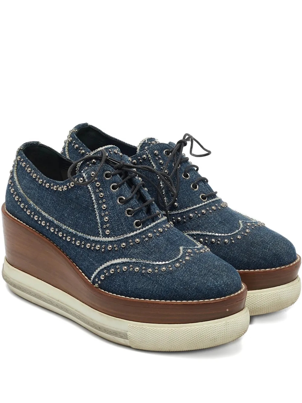 Pre-owned Miu Miu Denim Studded Derby Shoes In Blue