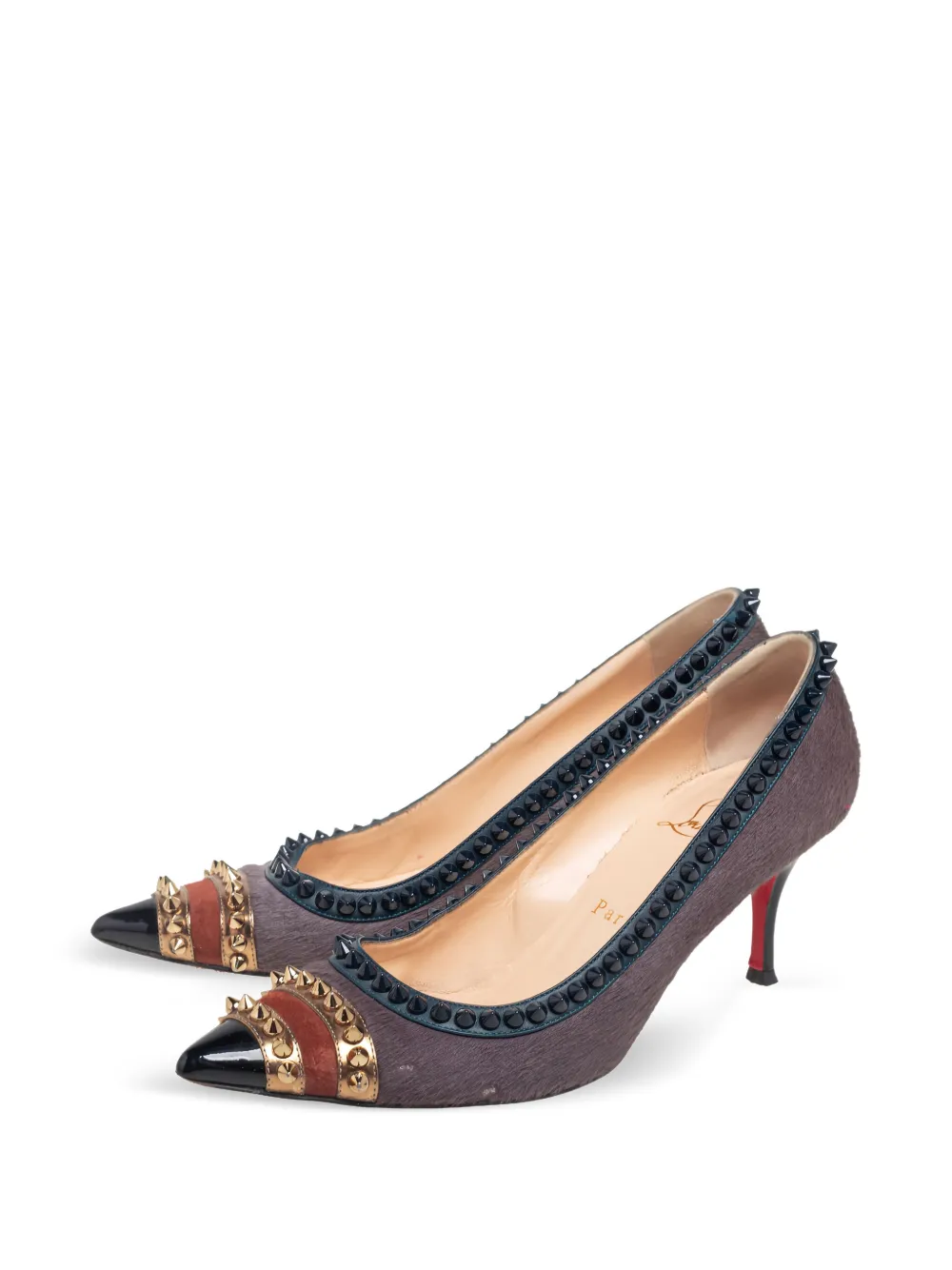 Pre-owned Christian Louboutin 70mm Malabar Hill Spike-detail Heeled Pumps In Gray