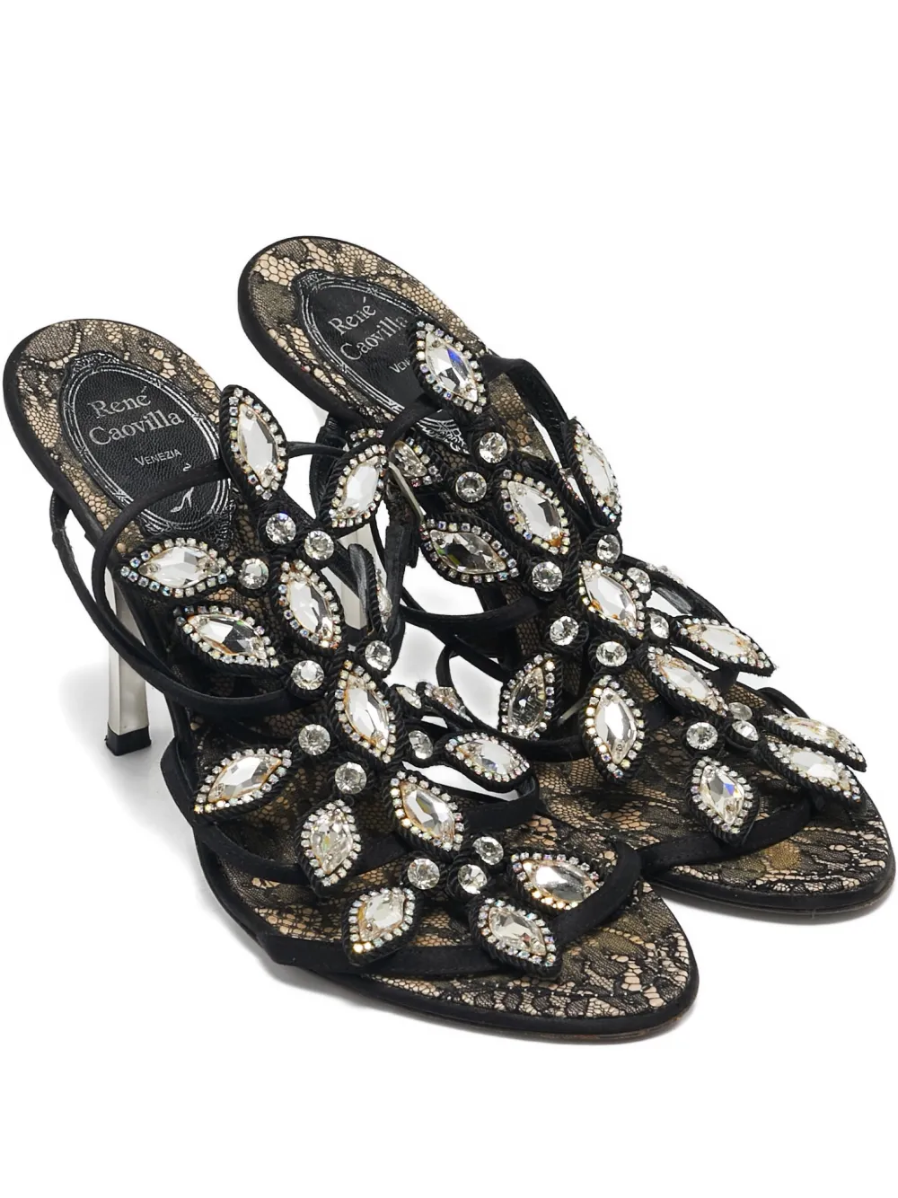 Pre-owned René Caovilla 100mm Crystal-lace Embellished Heeled Sandals In Black