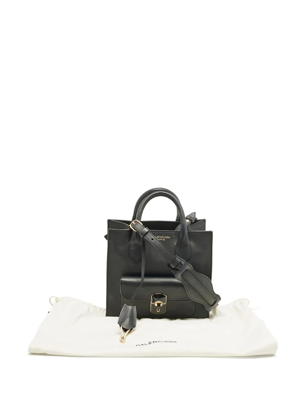 Pre-owned Balenciaga Mini Padlock Leather Pocket Tote Bag In Black