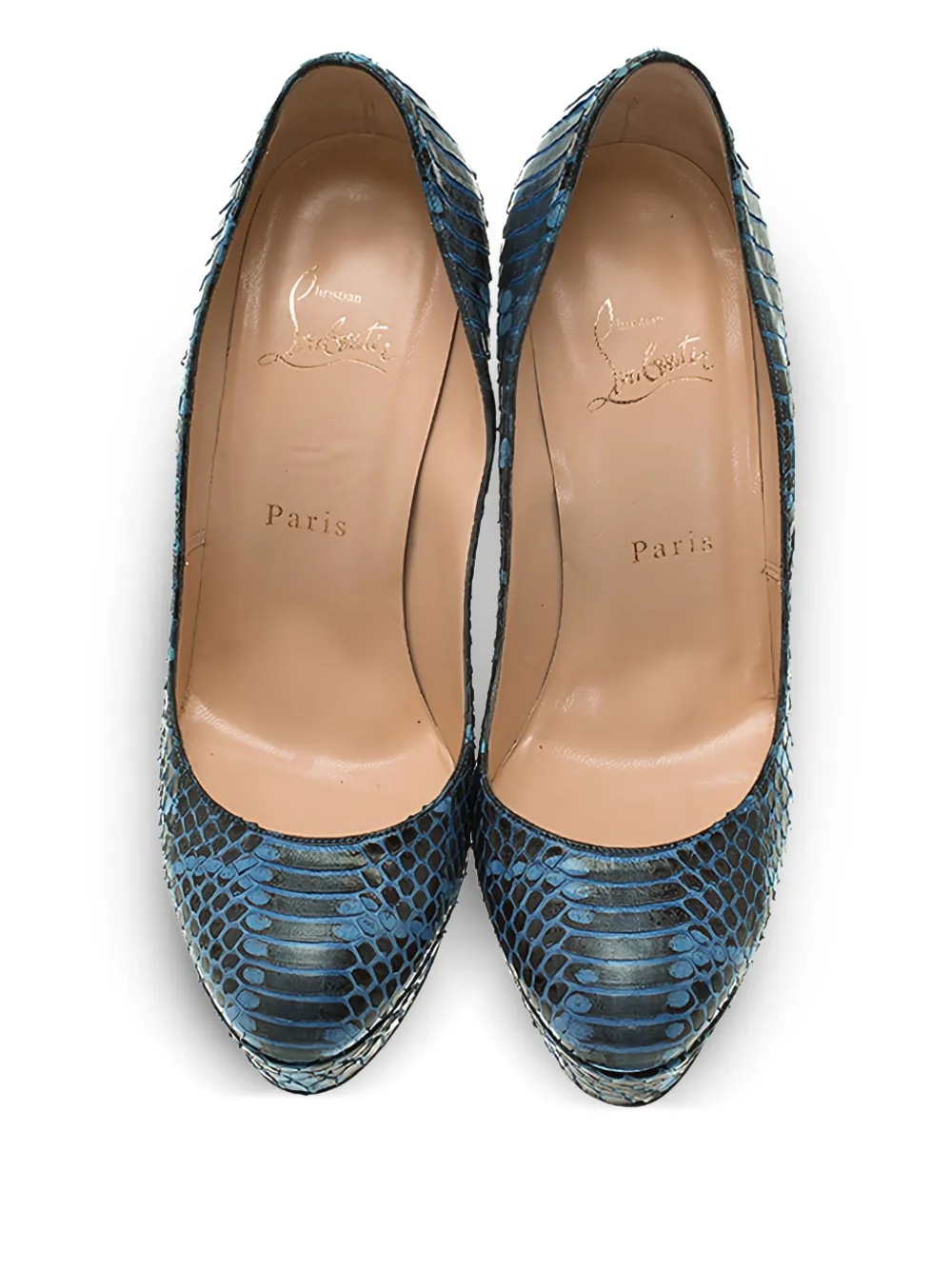 Pre-owned Christian Louboutin 130mm Bianca Snakeskin Platform Pumps In Blue