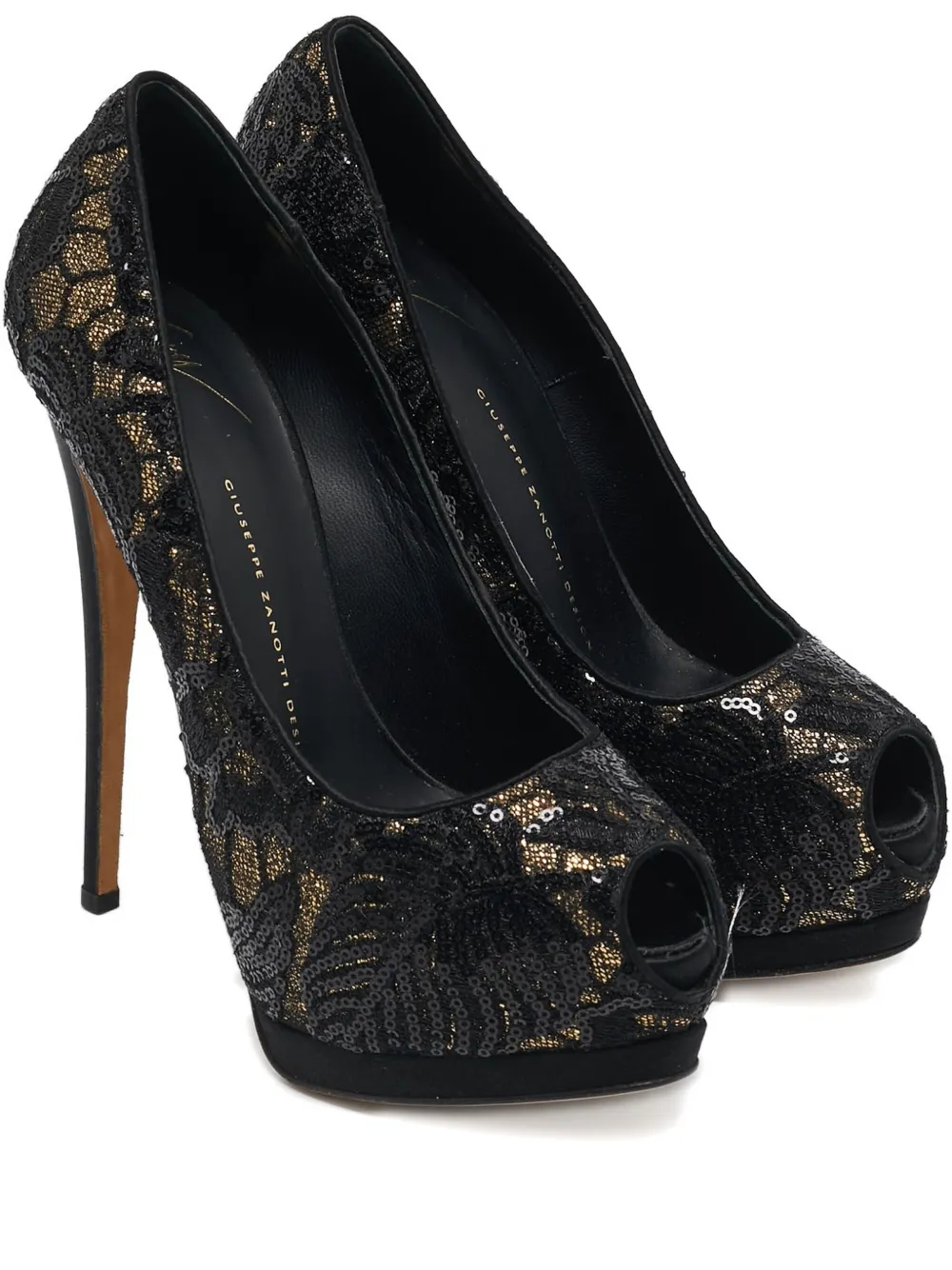 Pre-owned Giuseppe Zanotti Vintage 150mm Sequins Lace Pumps In Black