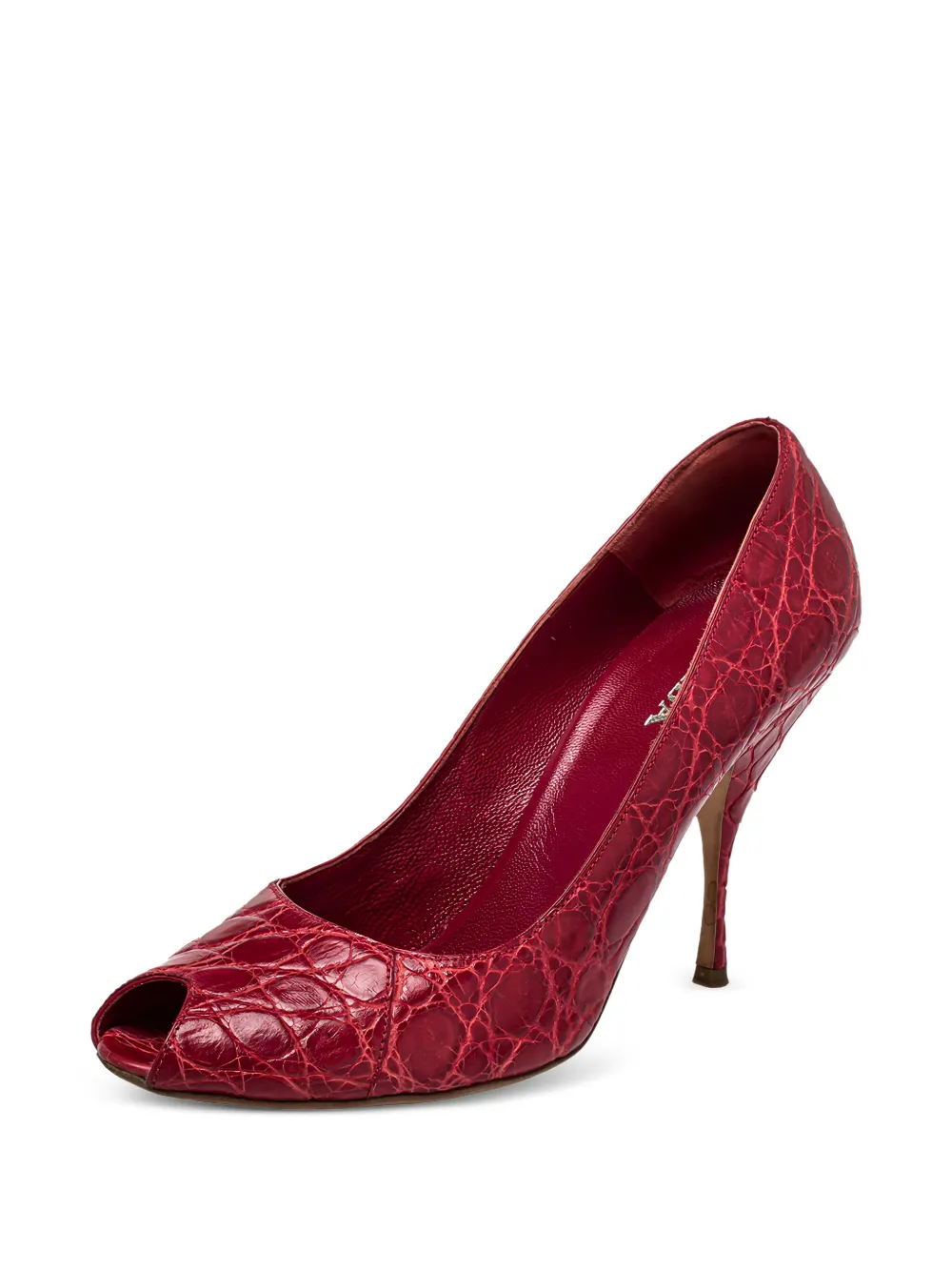 PRADA Pre-owned Embossed-croc Peep-toe Pumps In Red