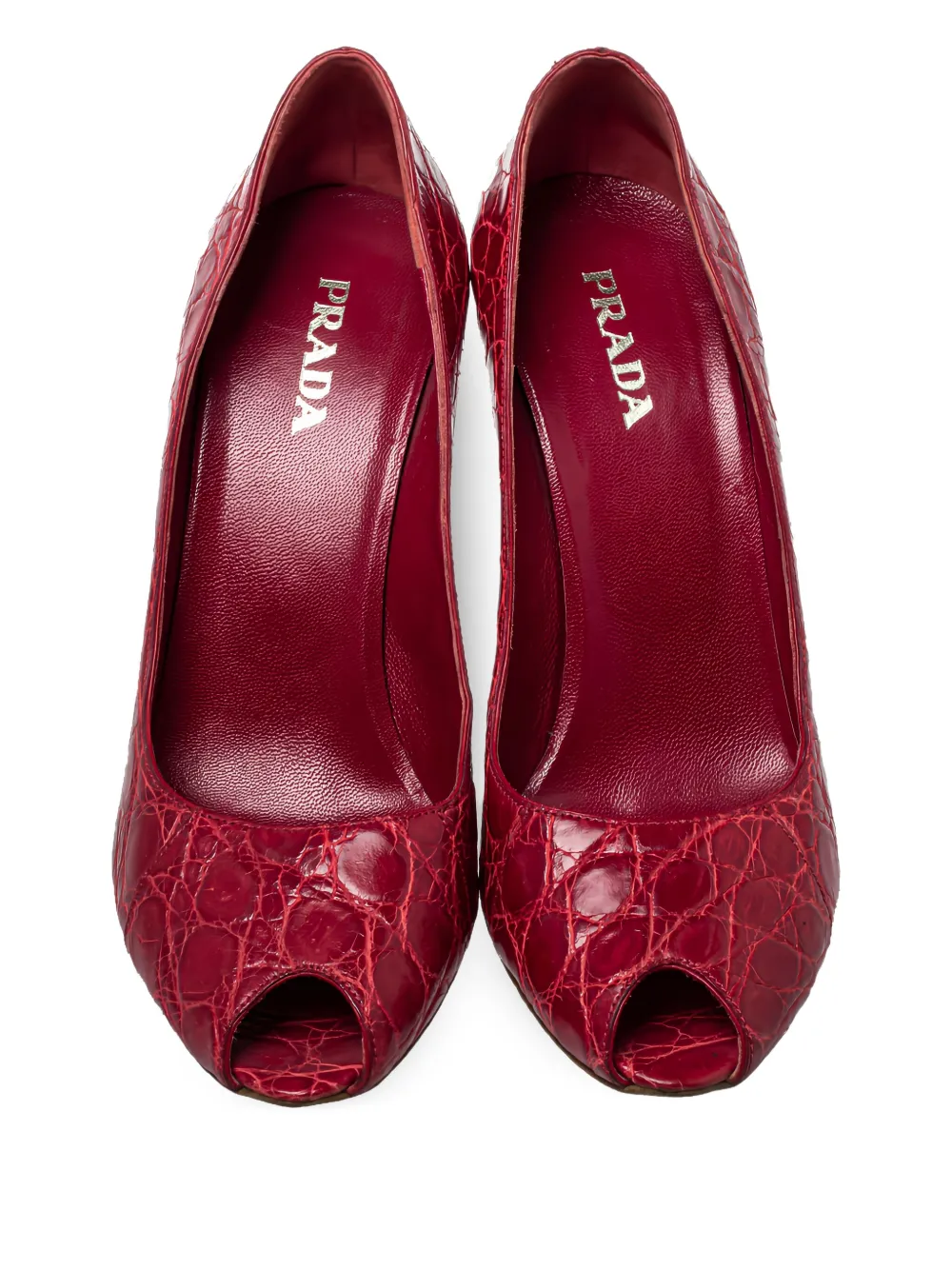 PRADA Pre-owned Embossed-croc Peep-toe Pumps In Red