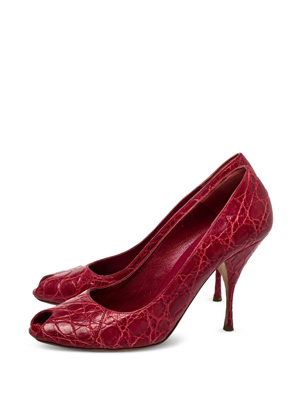 PRADA Pre-owned Embossed-croc Peep-toe Pumps In Red