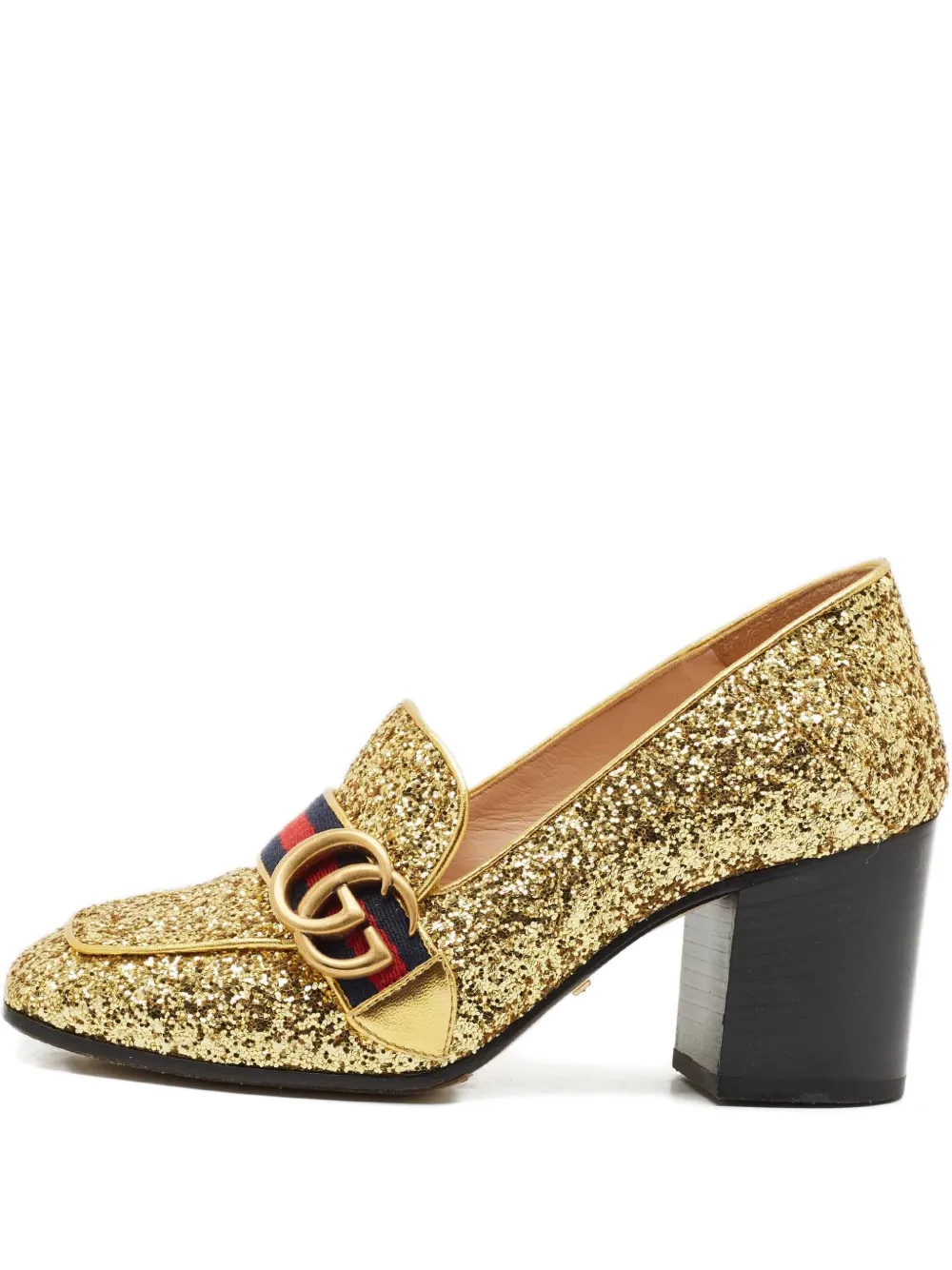 Click to view more detailed imagery on our partner's website Pre-owned Gucci 75mm Glitter-finish Stripe Pumps In Gold