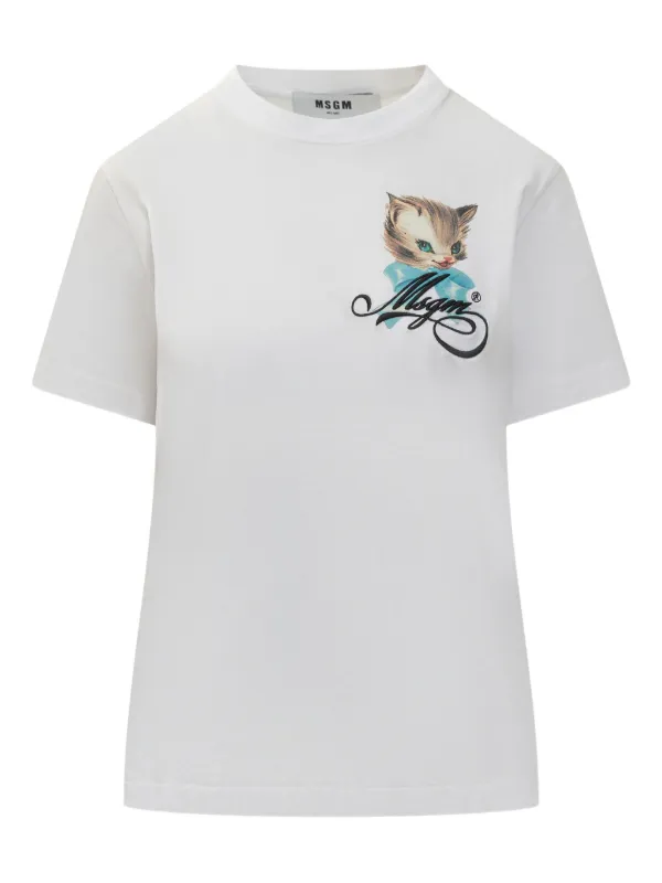 ✨美品✨MSGM エムエスジーエム 猫 CAT プリント ロゴTシャツ L 伊 MSGM キャットプリント Tシャツ | ホワイト | FARFETCH JP