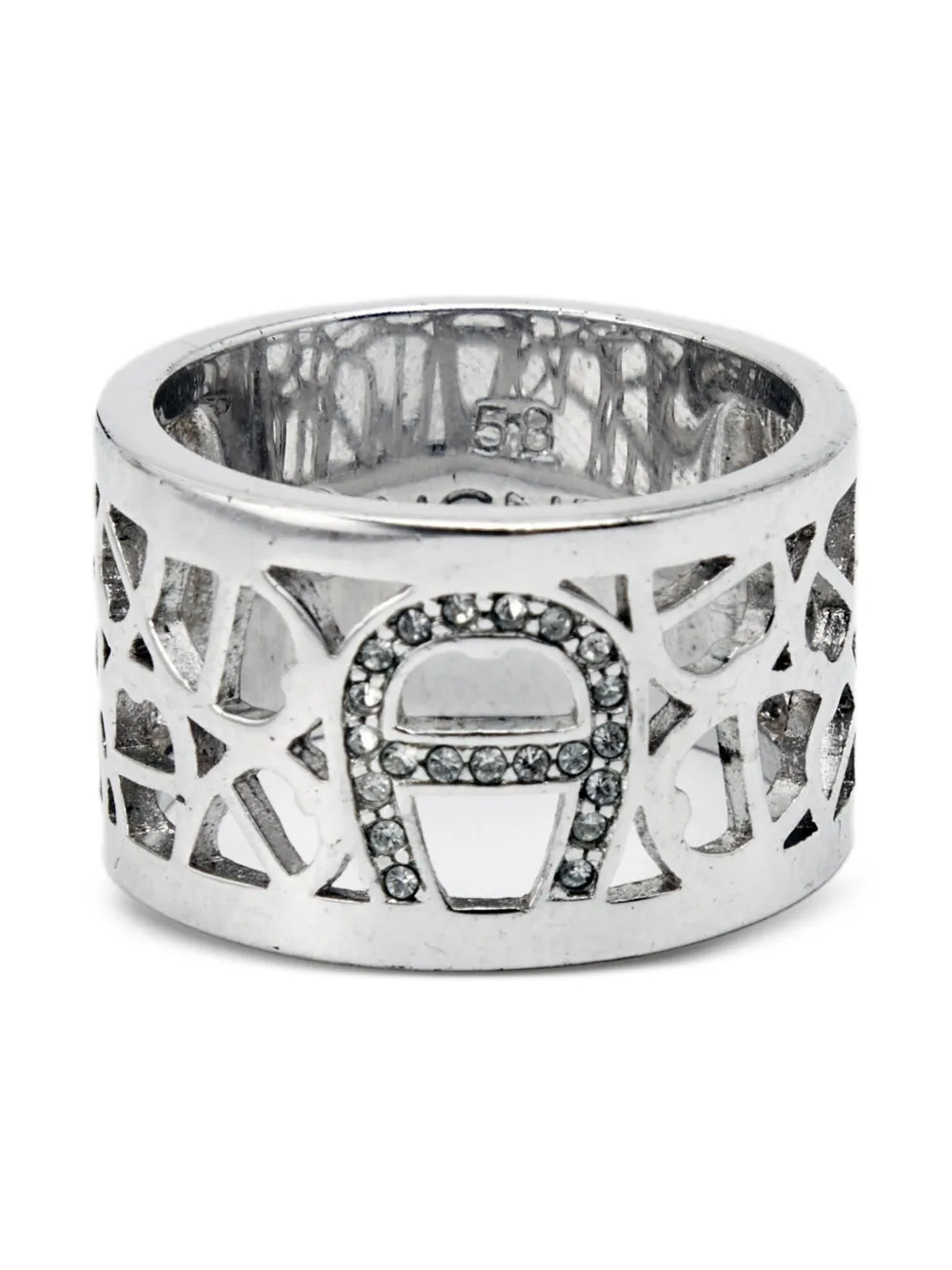 Pre-owned Aigner Vintage 2024 Crystal Logo Ring In Silver