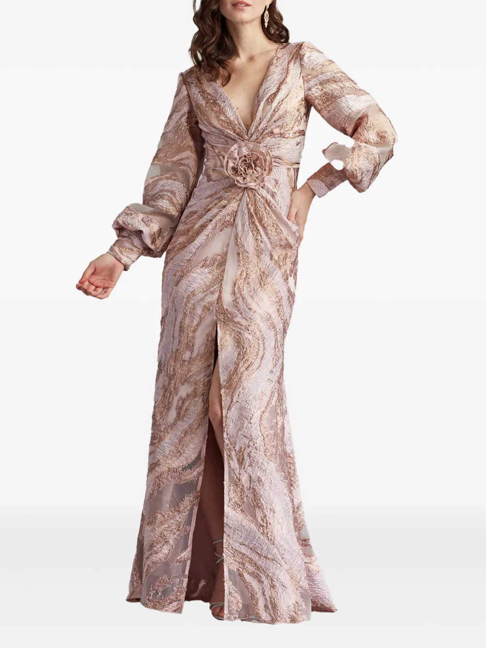 Tadashi Shoji Roselle Gilded rose-embellished swirl-print maxi dress - Roze