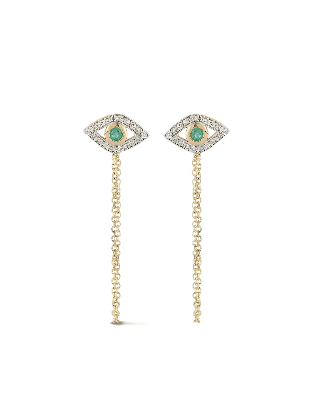 14K yellow gold Evil Eye emerald and diamond earrings