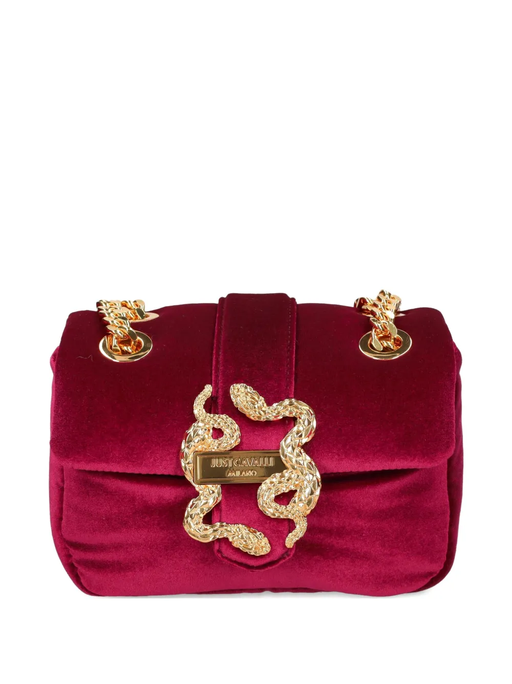 Just Cavalli snake-buckle velvet shoulder bag Roze