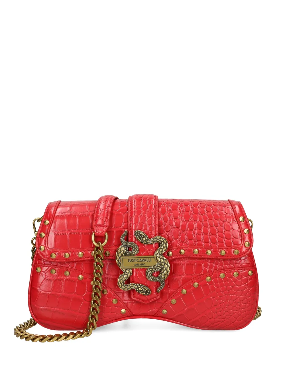 Just Cavalli Snake-buckle Crocodile-effect Satchel In Red