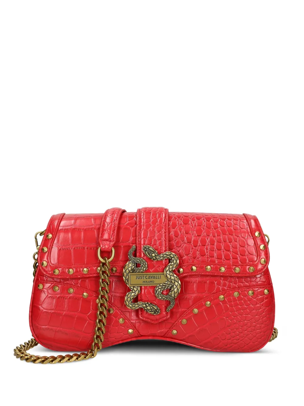 Just Cavalli snake-buckle crocodile-effect satchel Rood