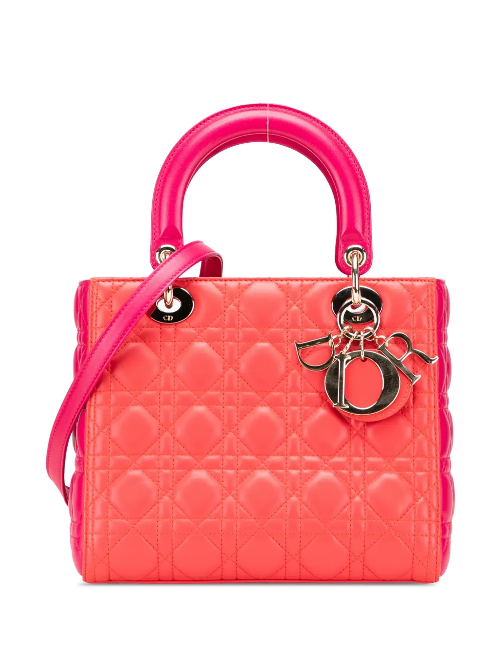 Pre-owned Dior 2014 Medium Bicolor Lambskin Cannage Lady  Satchel In Red
