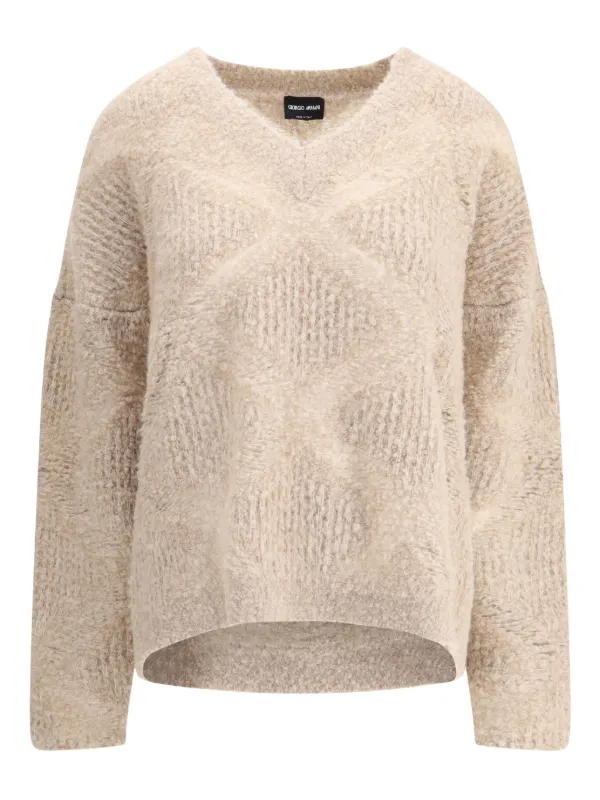 Giorgio Armani V-neck Textured Knit Sweater in Neutrals