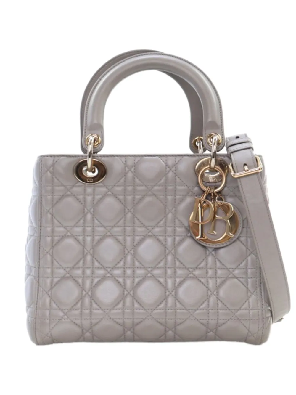 Pre-owned Dior 2017 Medium Lambskin Cannage Lady  Satchel In Gray