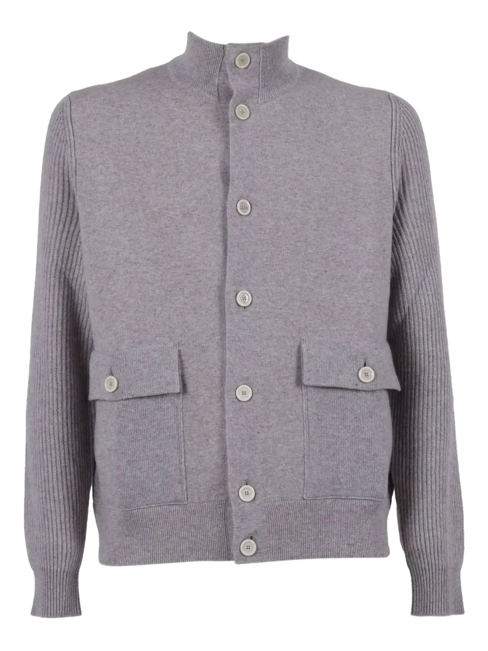 Lardini Knit Jacket With Ribbed Sleeves And High Collar In Gray