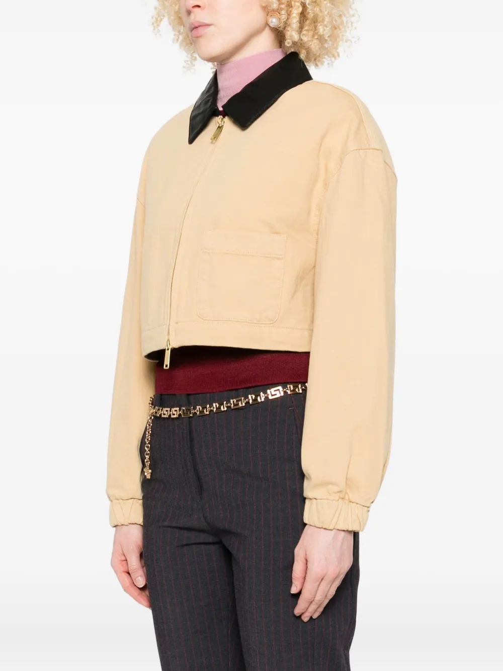 Self-Portrait leather-collared jacket Beige