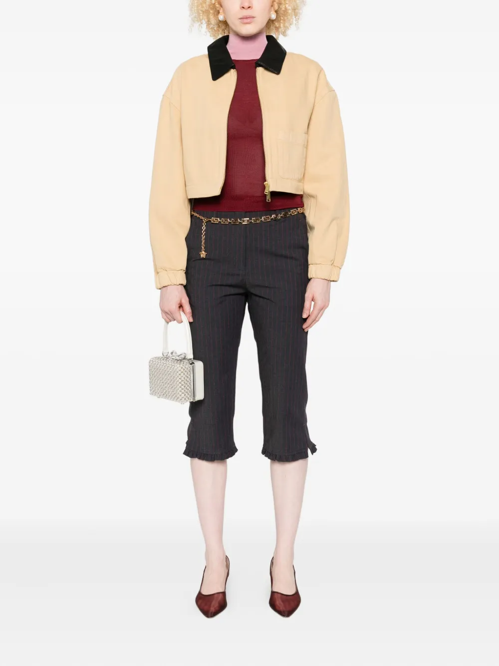 Self-Portrait leather-collared jacket Beige