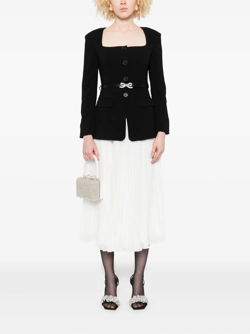 Self-Portrait pleated-panel bow-detail midi dress Zwart