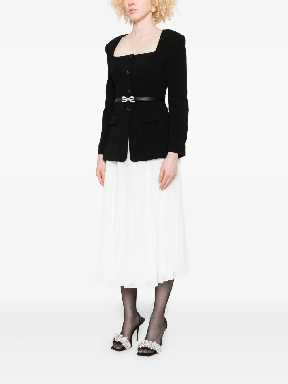 Self-Portrait pleated-panel bow-detail midi dress Zwart