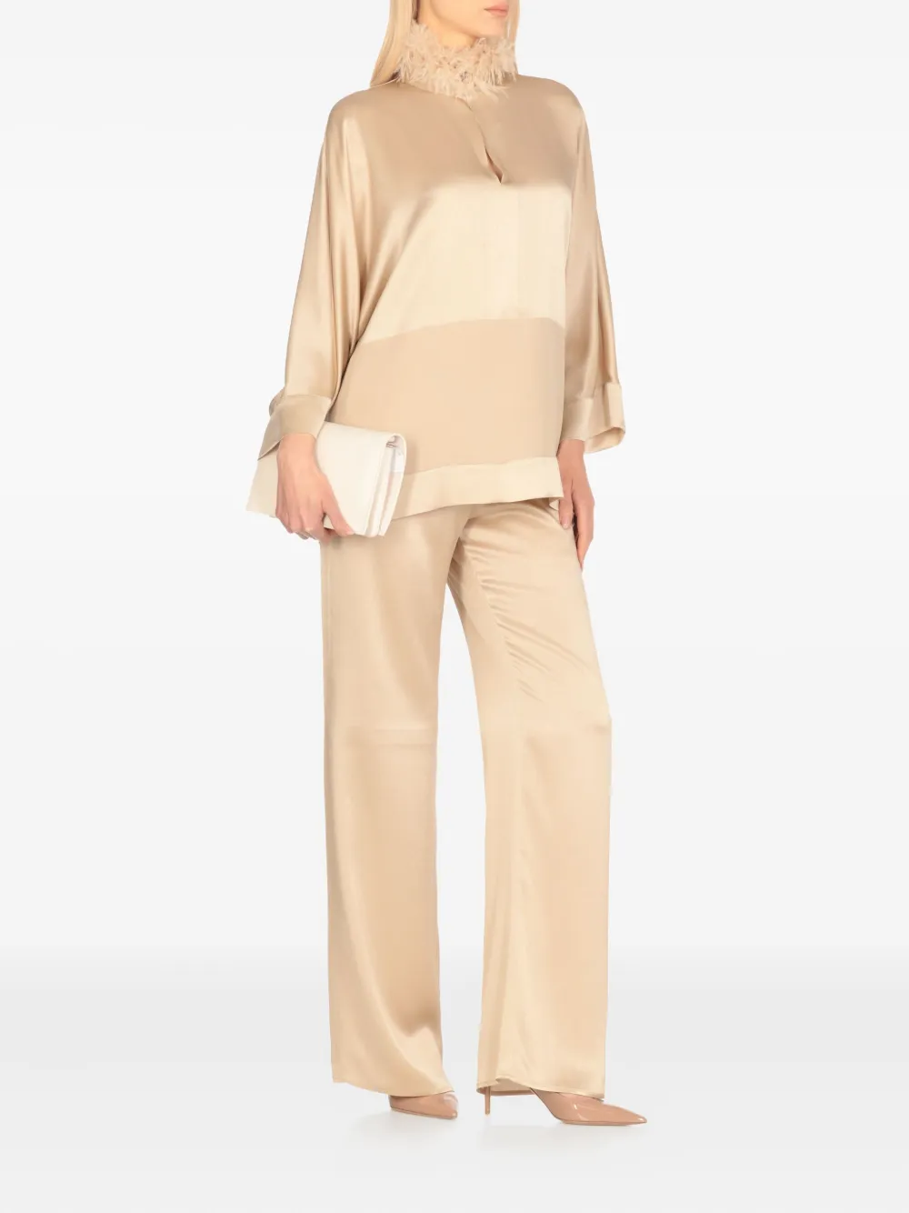 Antonelli Feather-trimmed V-neck Top In Neutral
