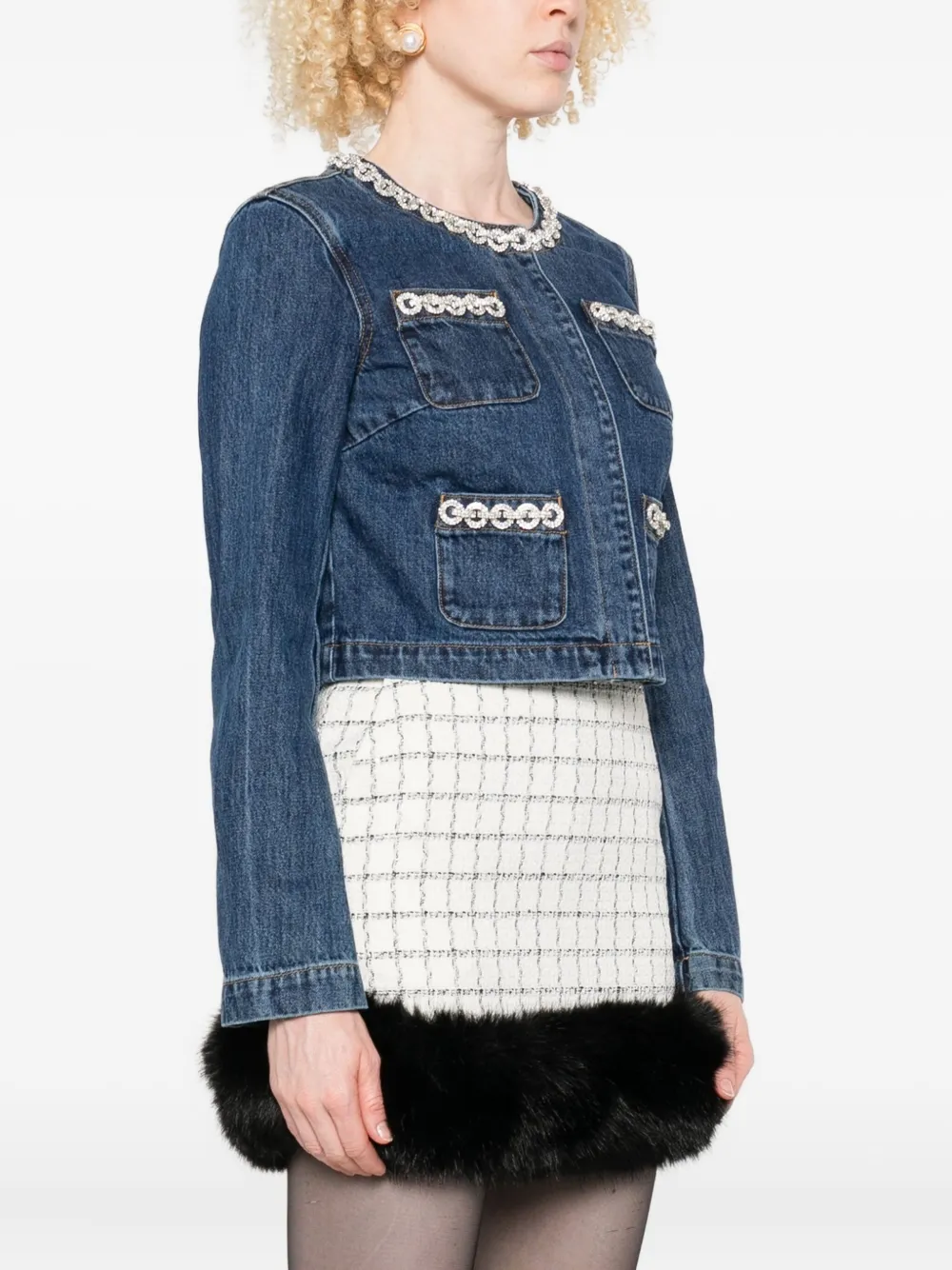 Self-Portrait embellished-pocket denim jacket Blauw
