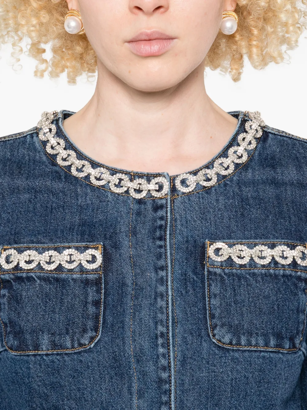 Self-Portrait embellished-pocket denim jacket Blauw