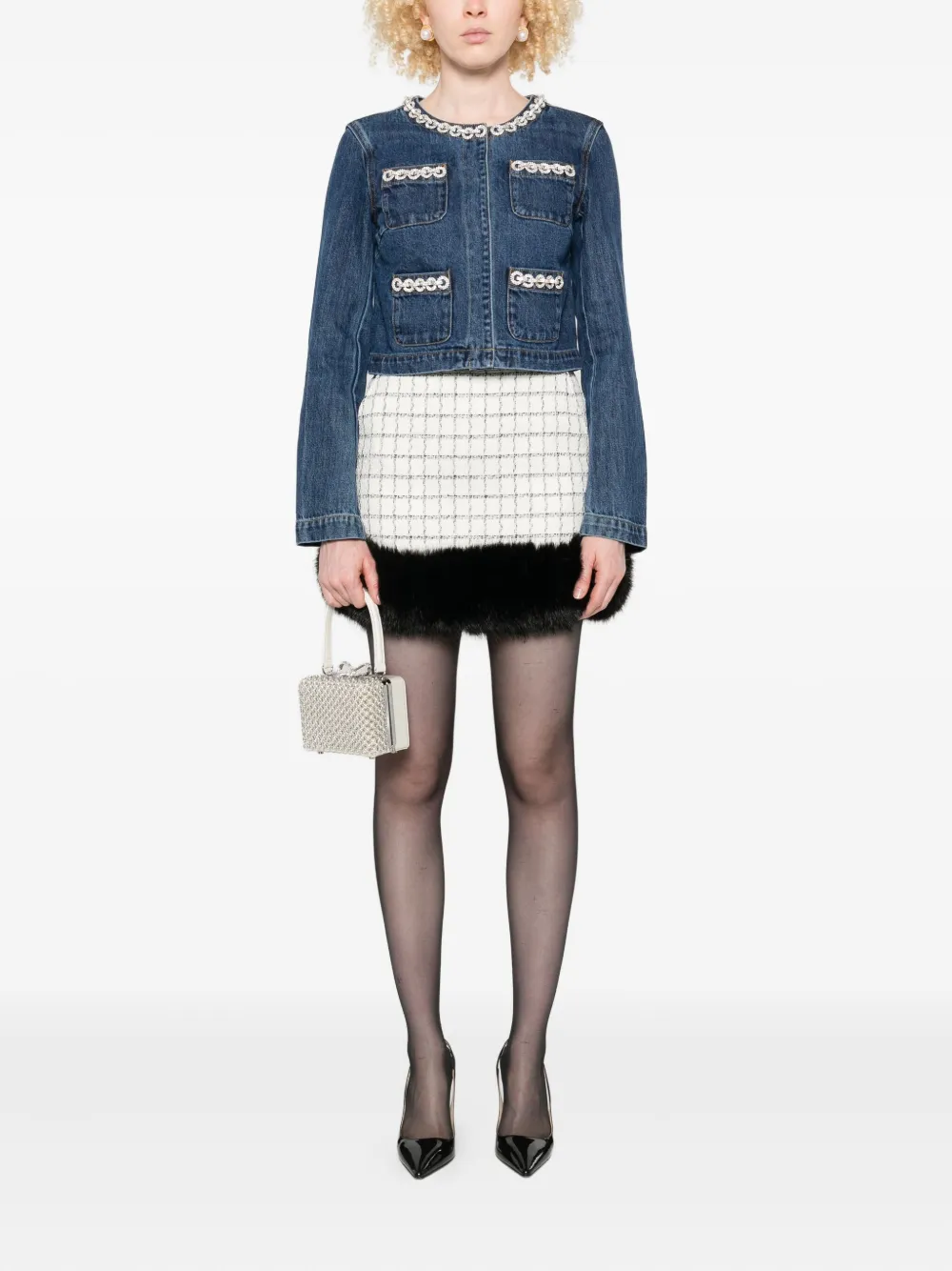 Self-Portrait embellished-pocket denim jacket Blauw