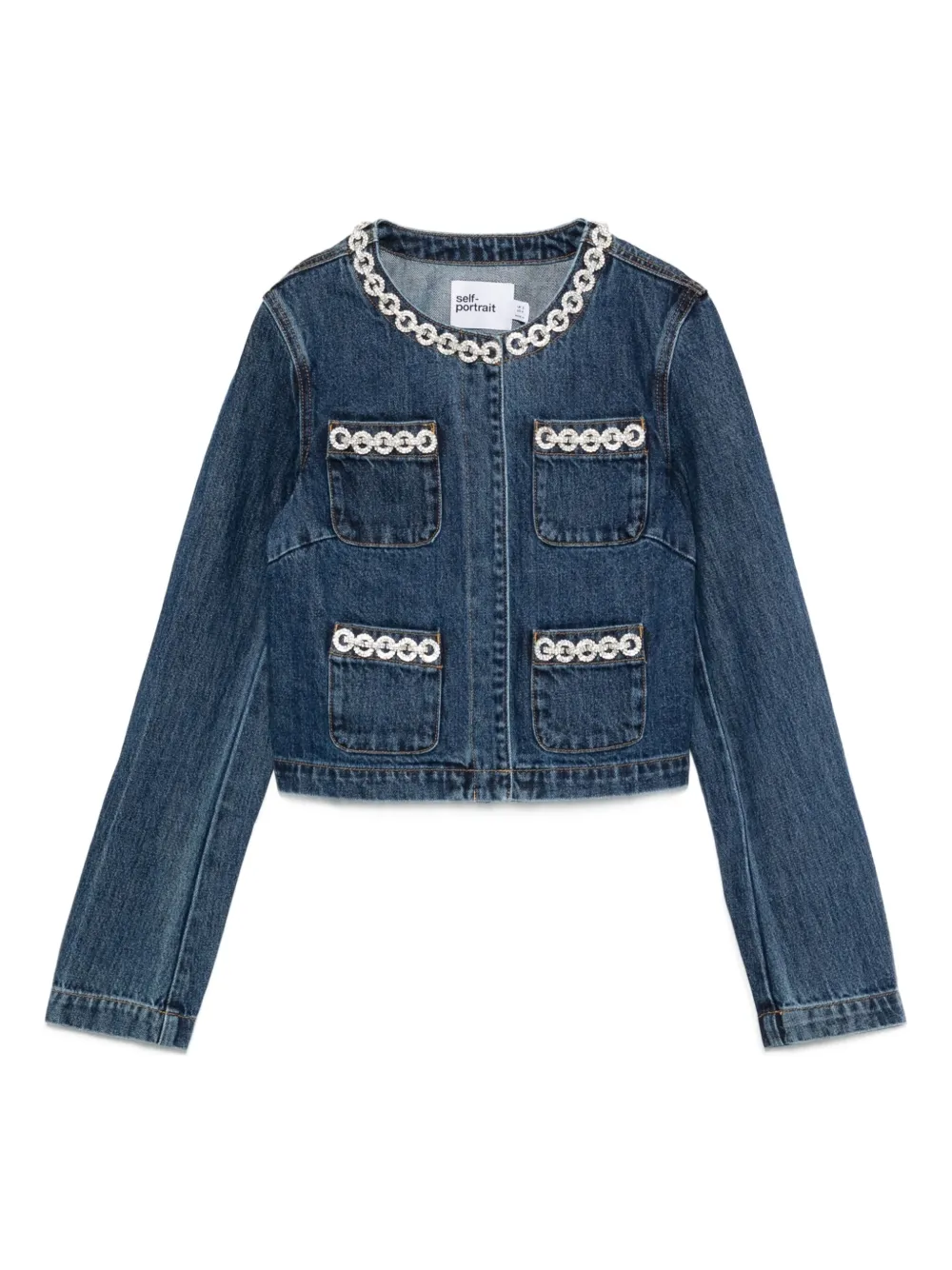 Self-Portrait embellished-pocket denim jacket Blauw
