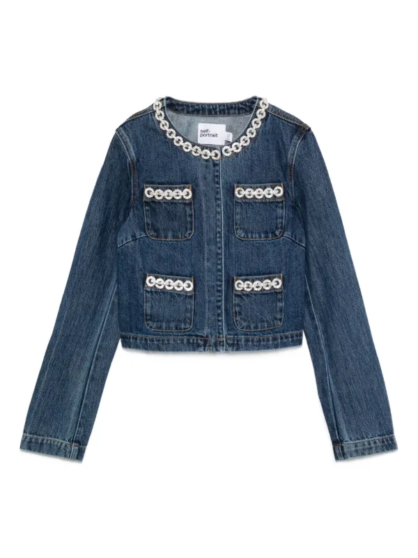 Self-Portrait Embellished-pocket Denim Jacket in Blue
