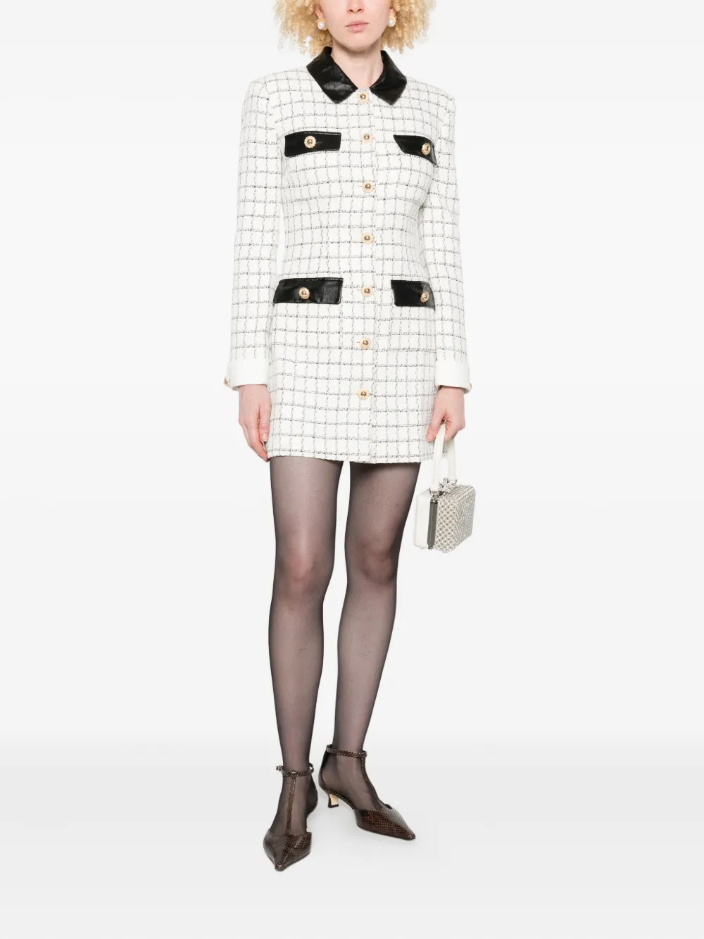 Self-Portrait checked leather-trimmed mini dress Beige
