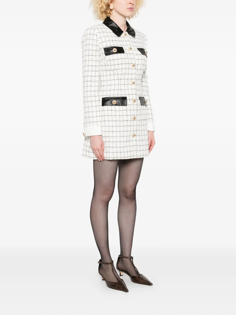 Self-Portrait checked leather-trimmed mini dress Beige
