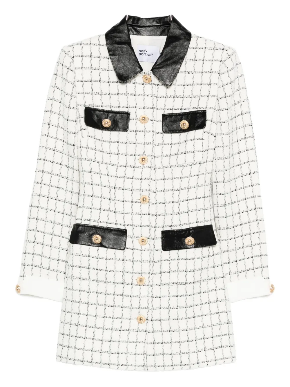 Self-Portrait checked leather-trimmed mini dress Beige