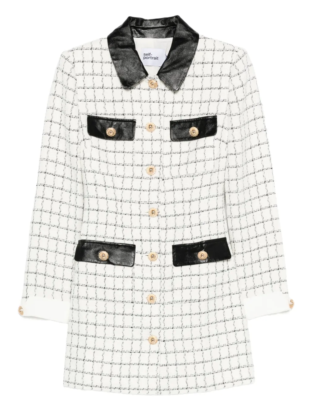 Self-Portrait checked leather-trimmed mini dress Beige