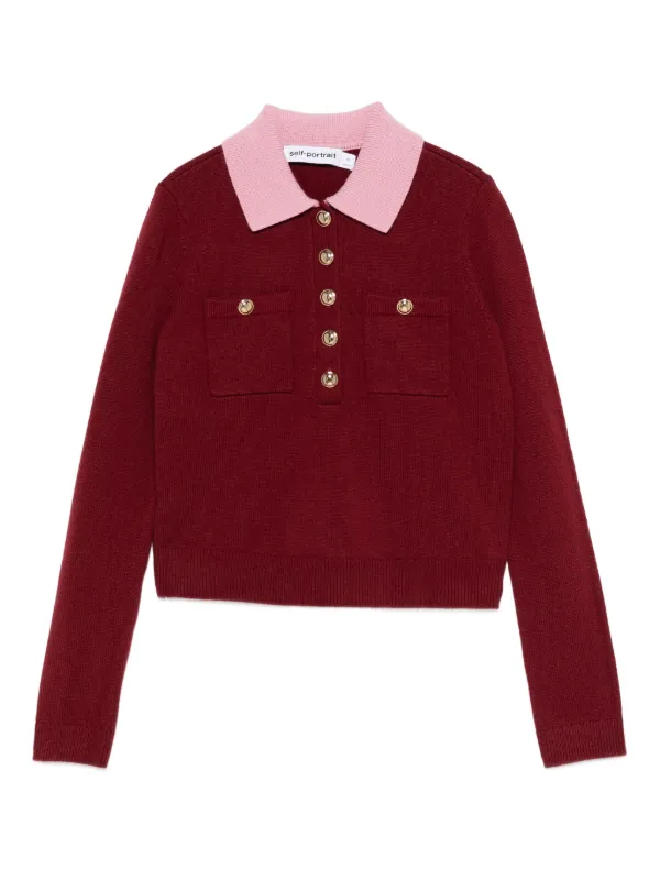 Self-Portrait Contrast-collar Polo Top in Red