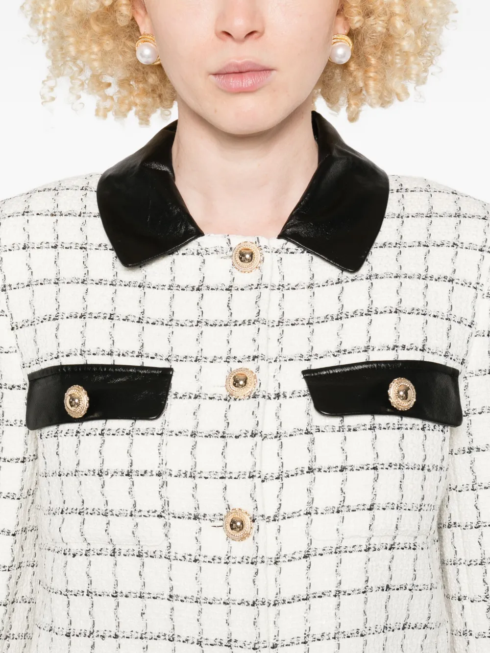 Self-Portrait checked faux-fur cuff jacket Beige