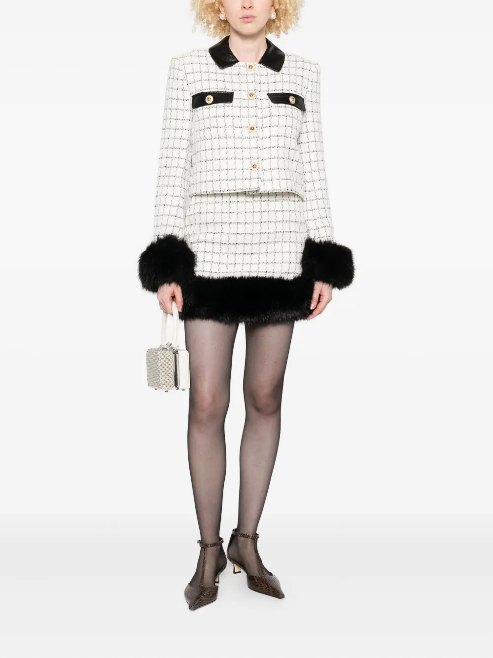 Self-Portrait checked faux-fur cuff jacket Beige