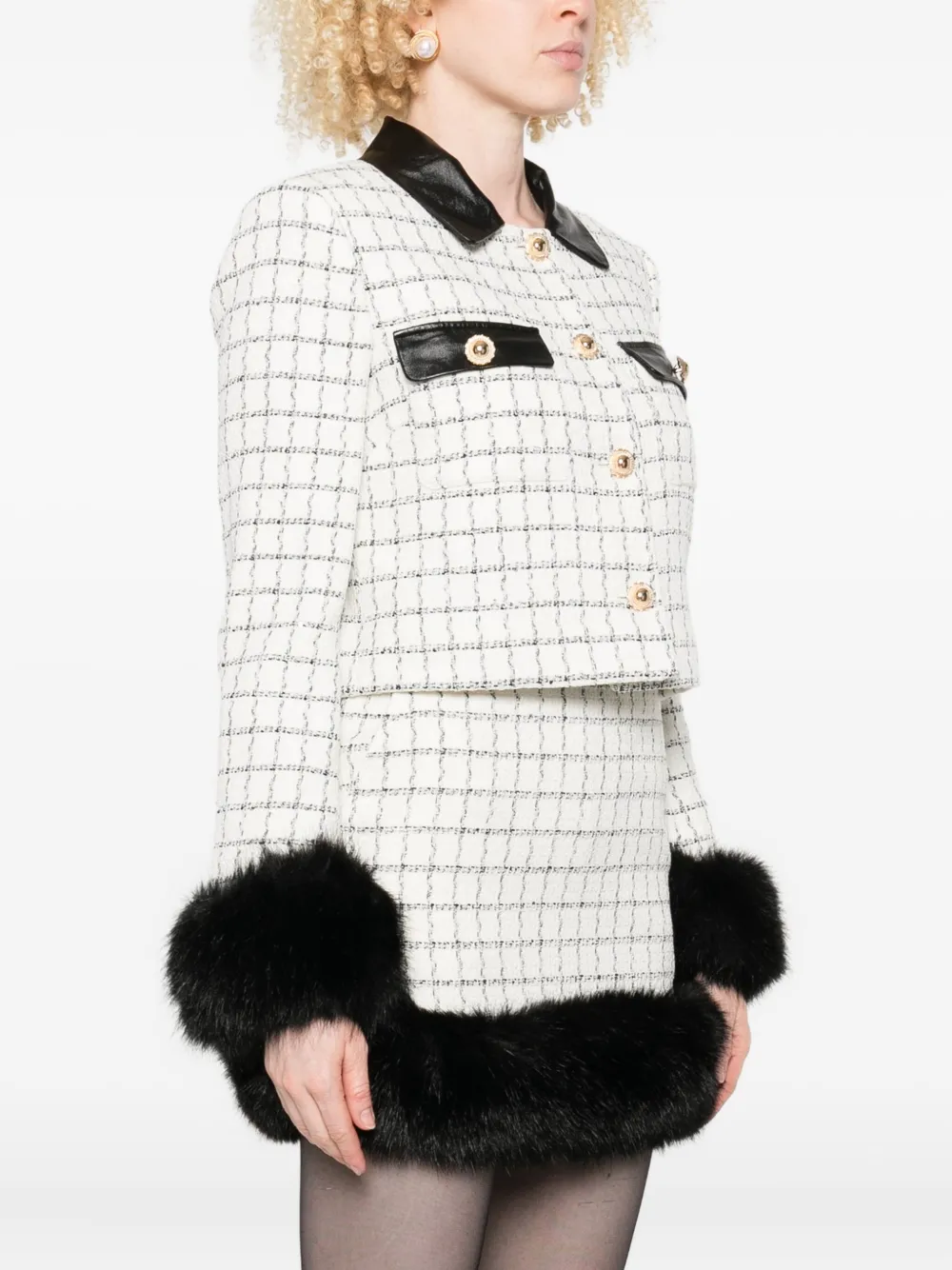 Self-Portrait checked faux-fur cuff jacket Beige