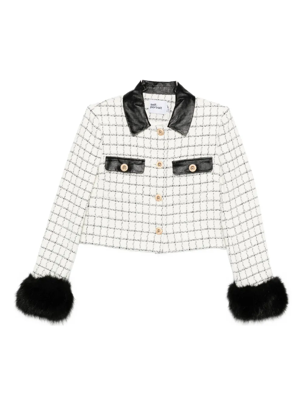 Self-Portrait checked faux-fur cuff jacket Beige