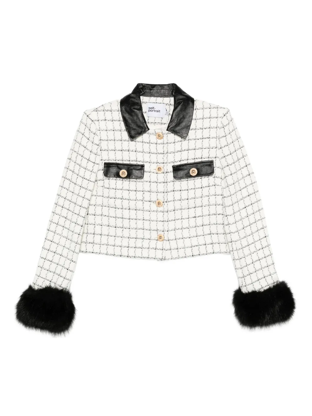 Self-Portrait checked faux-fur cuff jacket Beige