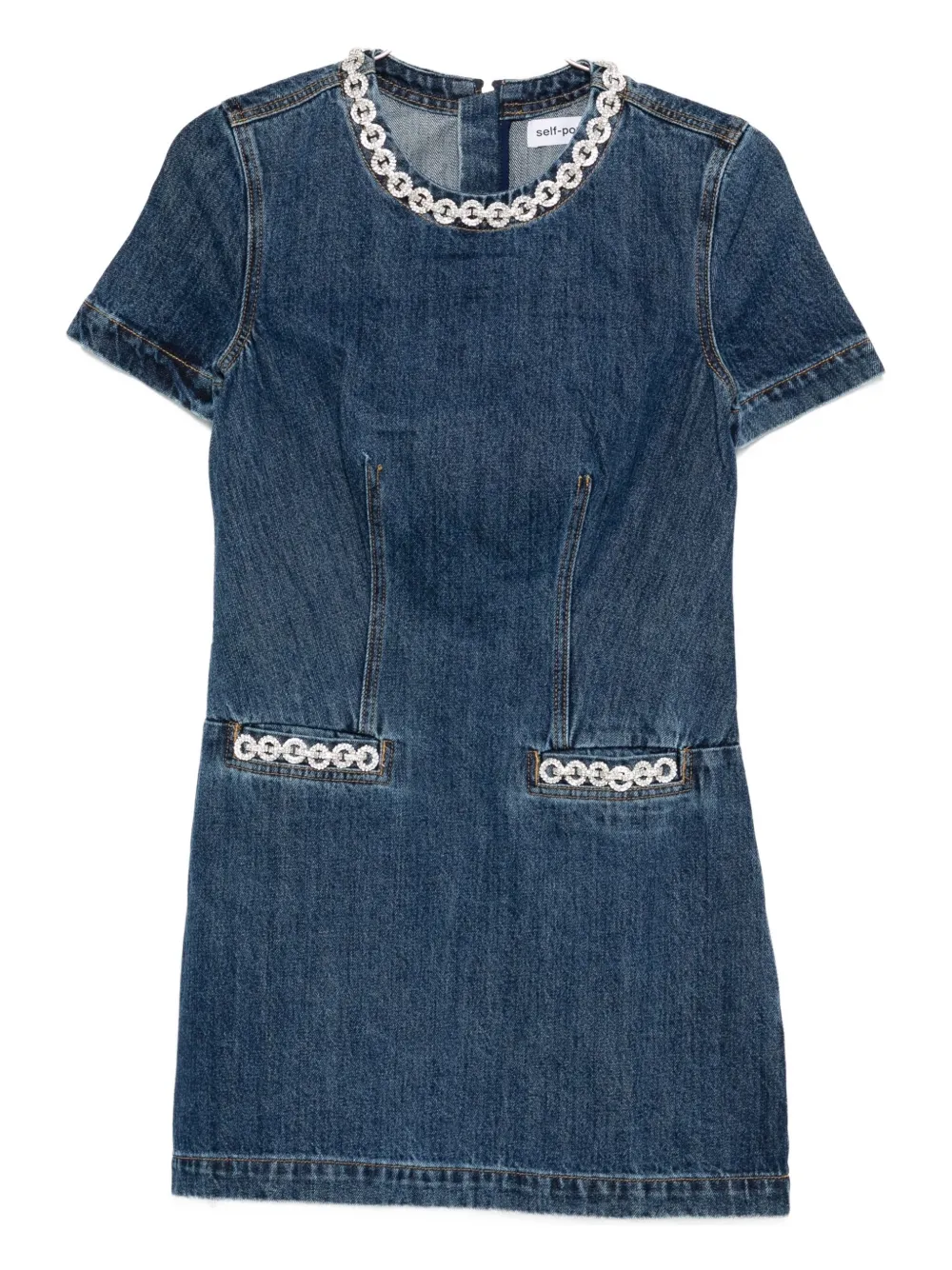 Self-Portrait embellished-pocket denim mini dress Blauw