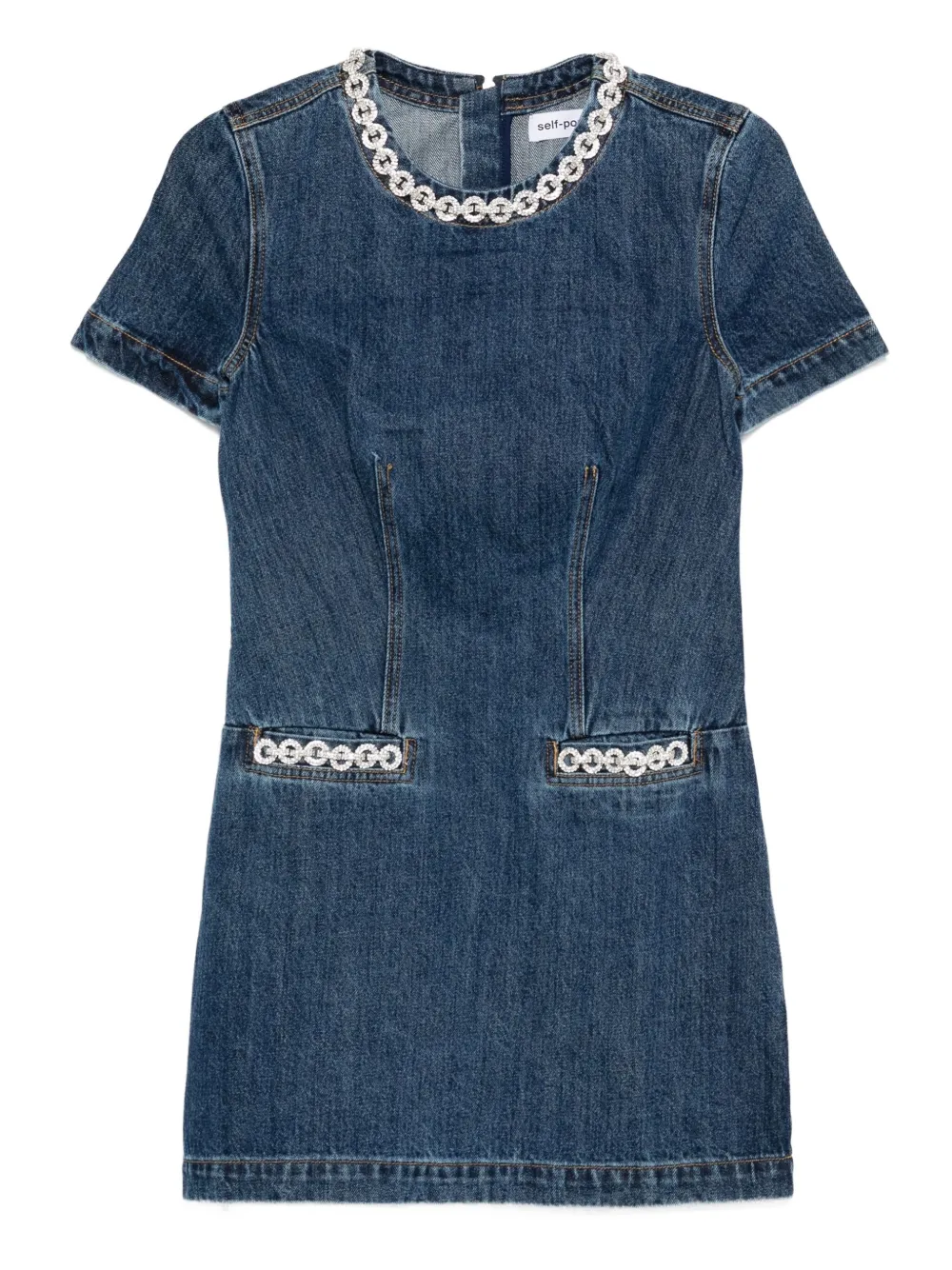Self-Portrait embellished-pocket denim mini dress Blauw