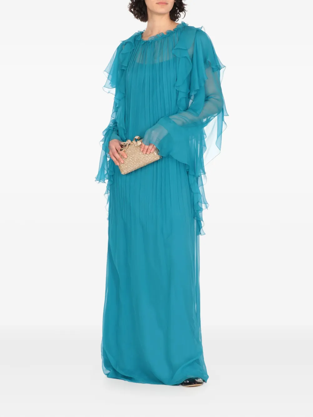 Alberta Ferretti pleated ruffled maxi evening dress - Blauw